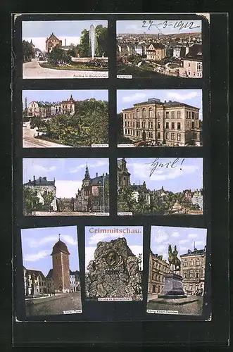 AK Crimmitschau, Hospitalstrasse, Roter Turm, Grotte im Bismarckhain, König Albert-Denkmal