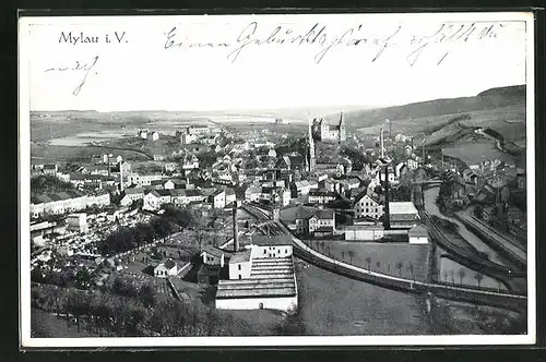 AK Mylau i.V., Ortsansicht aus der Vogelschau