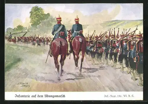 Künstler-AK Döbrich-Steglitz: Infanterie auf dem Übungsmarsch, Inf.-Regt. 156