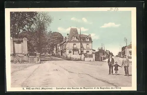 AK Pré-en-Pail, Carrefour des Routes de Mayenne et de Bagnoles-de-l'Orne