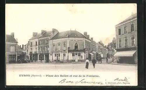AK Evron, Place des Halles et rue de la Fontaine, Café de l'Europe