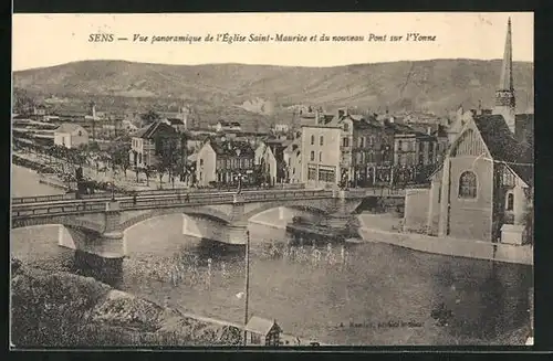 AK Sens, vue panoramique de l'Eglise Saint Maurice et du nouveau sur l'Yonne