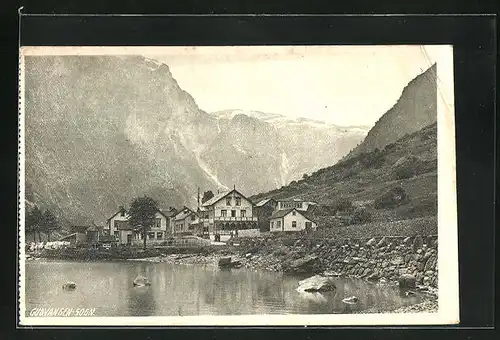 AK Gudvangen, Hotel und Gebirge am Seeufer