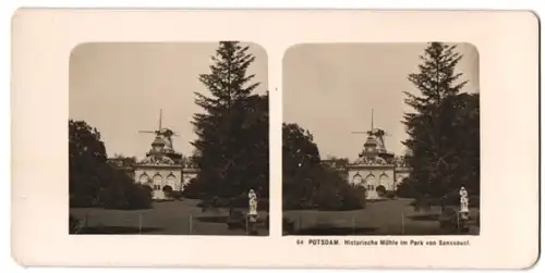 Stereo-Fotografie Ansicht Potsdam, Historische Mühle im Park von Sanssouci