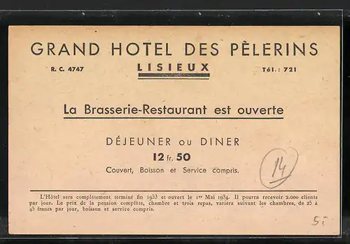 AK Lisieux, Hôtel des Pèlerins, Chemin des Buissonnets