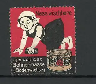 Reklamemarke Parkett-Rose die geruchslose Bohnermasse, putzendes Mädchen, Dose Bohnerwichse