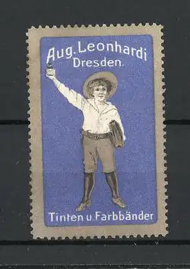 Reklamemarke Tinten und Farbbänder von Aug. Leonhardi, Dresden, Knabe mit Tintenfass