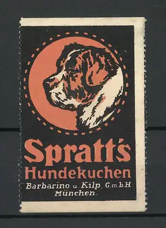 Reklamemarke Spratt's Hundekuchen, Barbarino u. Kilp GmbH, München, Portrait eines Bernhardiners