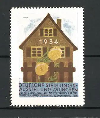 Reklamemarke München, Deutsche Siedlungs-Ausstellung 1934, Haus mit Blumen