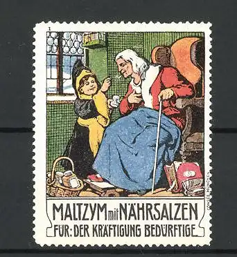 Reklamemarke Maltzym mit Nährsalzen für der Kräftigung Bedürftige, Münchner Kindl gibt einer alten Dame Kräftigungmittel