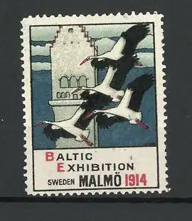 Reklamemarke Malmö, Baltic Exhibition 1914, Vögel passieren einen Turm