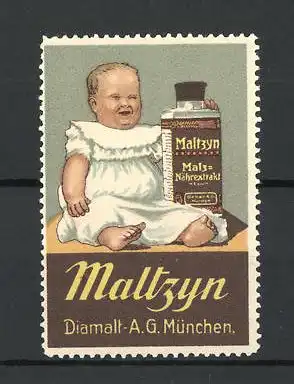 Reklamemarke Maltzym Kräftigungspräparat, Diamalt AG München, Baby mit Maltzym-Flasche