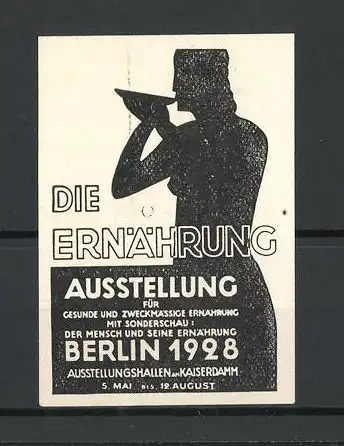 Reklamemarke Berlin, Ausstellung Die Ernährung 1928, Frau trinkt aus Suppenteller