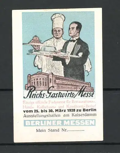 Reklamemarke Berlin, Reichs-Gastwirts-Messe 1928, Koch, Kellner und Ausstellungshalle am Kaiserdamm