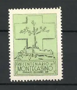 Reklamemarke Montecassino, XIV. Centenario 1929, Ortsansicht und Kreuz