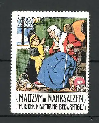 Reklamemarke Maltzym mit Nährsalzen für der Kräftigung Bedürftigfe, Münchner Kindl pflegt eine alte Frau