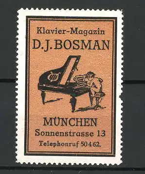 Reklamemarke Klavier-Magazin von D. J. Bosmann, Sonnenstrasse 13, München, nackter Bube am Klavier