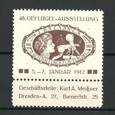 Reklamemarke Dresden, 48. Geflügel-Ausstellung 1912, Fräulein spricht mit zwei Vögeln