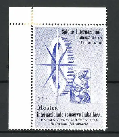 Reklamemarke Parma, 11. Internacia Elmontro pri Konservajoj kaj Enpakign 1956, Stern und Zahnrad