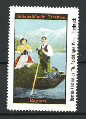 Reklamemarke Internationale Trachten, Ruderpartie mit Paar in bayerischer Tracht