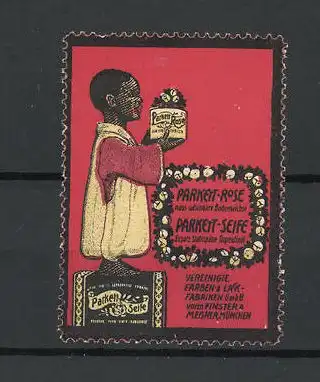 Reklamemarke Parkett-Rose und Parkett-Seife, Finster & Meisner, München, afrikanischer Bube mit einer Dose Seife
