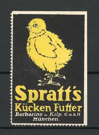 Reklamemarke Spratt's Küken-Futter, Barbarino u. Kilp GmbH, München, Ansicht eines Kükens