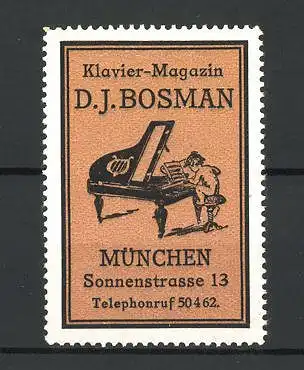Reklamemarke Klavier-Magazin von D. J. Bosmann, Sonnenstrasse 13, München, nackter Bube spielt auf dem Klavier