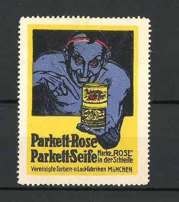 Reklamemarke Parkett-Rose & Parkett-Seife, Vereinigte Farben- und Lackfabriken München, Teufel mit Dosen