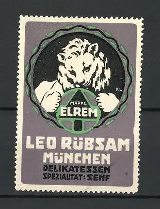 Reklamemarke Elram Delikatesse-Senkf, Leo Rübsam, München, Firmenlogo Löwe