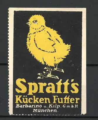 Reklamemarke Spratt's Küken-Futter, Barbarino u. Kilp GmbH, München, Ansicht eines Kükens