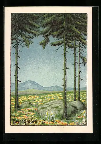 Künstler-AK sign. J. Brücke: Berglandschaft mit Tannen