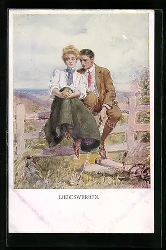 Künstler-AK M. Munk Nr. 1125: Ehepaar sitzt dicht beieinander auf einem Zaun