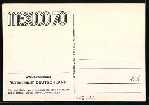 AK WM-Teilnehmer des Fussball-Vizeweltmeisters Deutschlands für Mexiko 1970