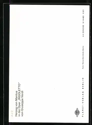 AK Opernsänger Stephan Spiewok als Herzog von Mantua in der Oper Rigoletto von Giuseppe Verdi, Autograph