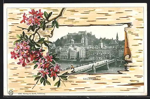 AK Salzburg, Uferpartie mit Brücke, Passepartout