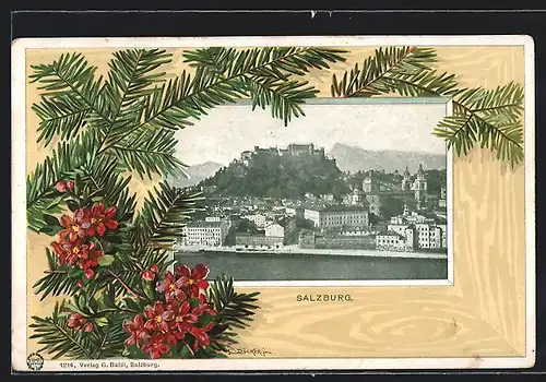 AK Salzburg, Uferpartie, Tannenzweige, Passepartout