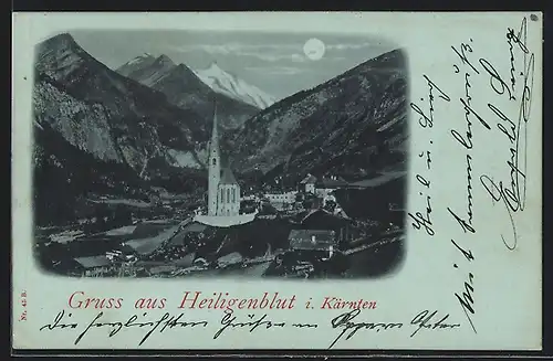 Mondschein-AK Heiligenblut i. Kärnten, Ortspartie mit Kirche