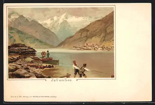 Lithographie Zell am See, Partie am See