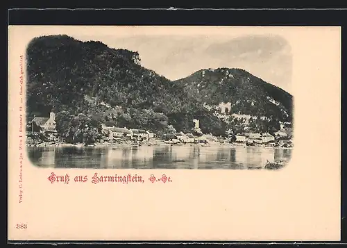 AK Sarmingstein, Uferpartie mit Kirche