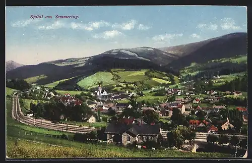 AK Spital am Semmering, Ortsansicht mit Eisenbahnschienen