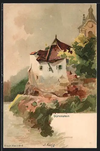 Lithographie Dürenstein, Haus an der Donau