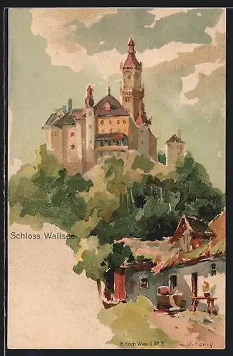 Künstler-Lithographie Wallsee-Sindelburg, Blick zum Schloss Wallsee