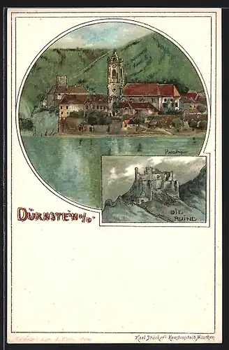 Lithographie Dürnstein, Gesamtansicht & Ruine