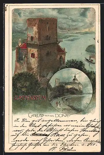 Künstler-AK Persenbeug a. D., Uferpartie mit Schloss, Grefenstein