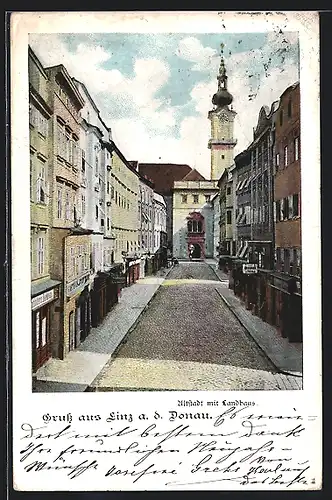 AK Linz a. d. Donau, gepflasterte Strasse der Altstadt mit Landhaus