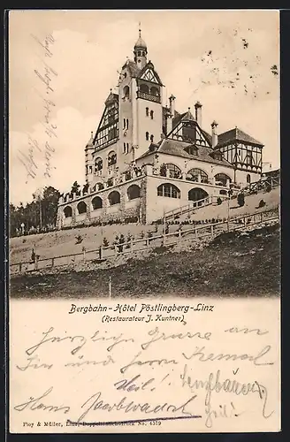 AK Linz, Blick zum Bergbahn-Hôtel Pöstlingberg, Restaurateur J. Kunter