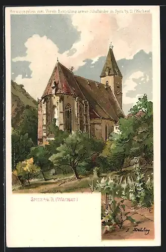 Künstler-AK Spitz a. d. Donau, Blick auf die Kirche