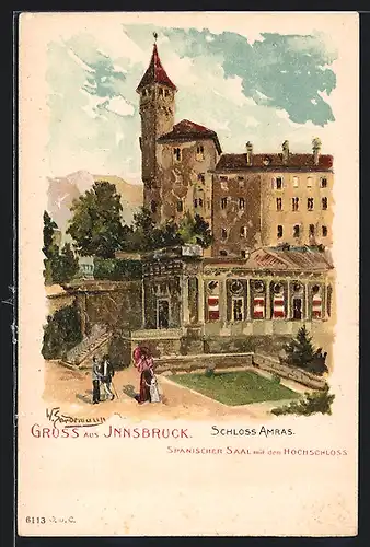 Lithographie Innsbruck, Schloss Amras, Spanischer Saal mit dem Hochschloss