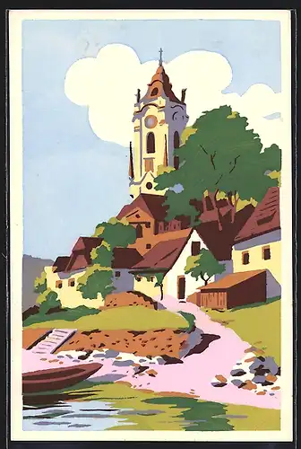 Künstler-AK Dürnstein, Ortsansicht vom See aus mit Kirche