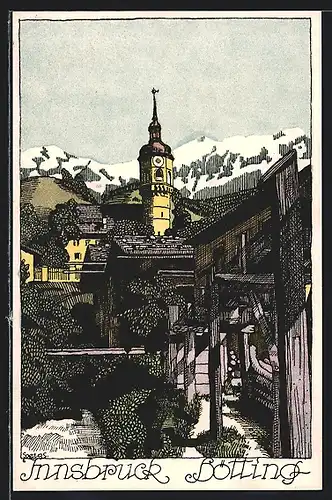 Künstler-AK Innsbruck-Hötting, Kirche im Ortsbild